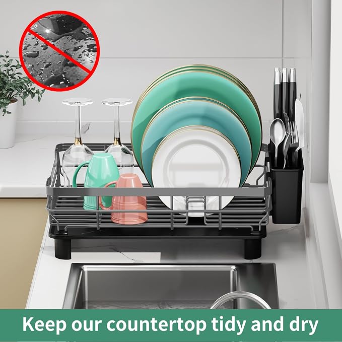MOUKABAL Dish Drying Rack with Drainboard for Kitchen Counter, Grey | 13×17 Large Capacity/Rustproof Stainless Steel/Fast Drainage Dish Drainer/Removable Utensil Holder/Kitchen Counter Organizer - Image 6