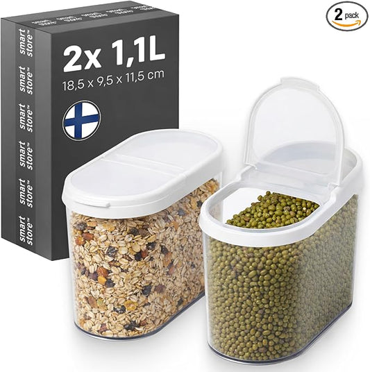 SmartStore Cereal Storage Containers, Set of 2 x 1.1 L | Stackable, Clear, Flip Lid | BPA-Free Pantry Organiers Kitchen Storage Containers | ideal for dry foods nuts, grains, sugar by SmartStore