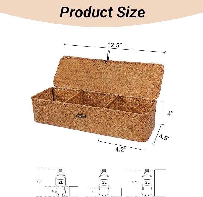 Nonam Seagrass Storage Small Basket with Lid - 3-Section Divided Organizer for Tea,Sugar,Coffee,Tampons - Woven Shelf Bin for Closet, Toilet Tank - Rectangular Narrow Boho Basket Home Decor - Image 2