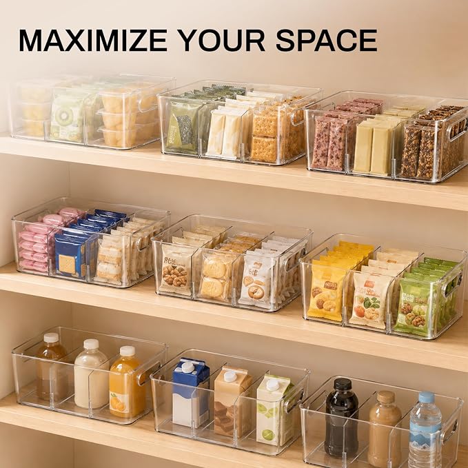 Mpotmiy 4-Pack Pantry Organizers and Storage, Clear Fridge Organizer Bins | Clear stackable plastic bins with removable dividers for packets, snacks, pouches and spices in pantry, fridge or freezer. - Image 8