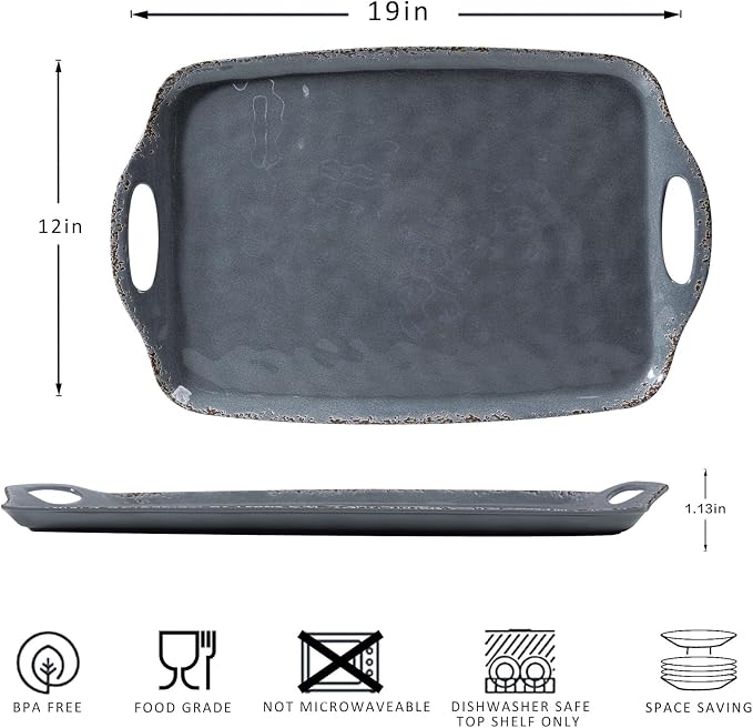 Extra Large Serving Tray with Handles, 19 x12 inch, Set of 2, Melamine Platters for Serving Food, Turkey, Cookie, Farmhouse Rectangular Brekfast Tray, Dishwasher Safe, Gray - Image 6