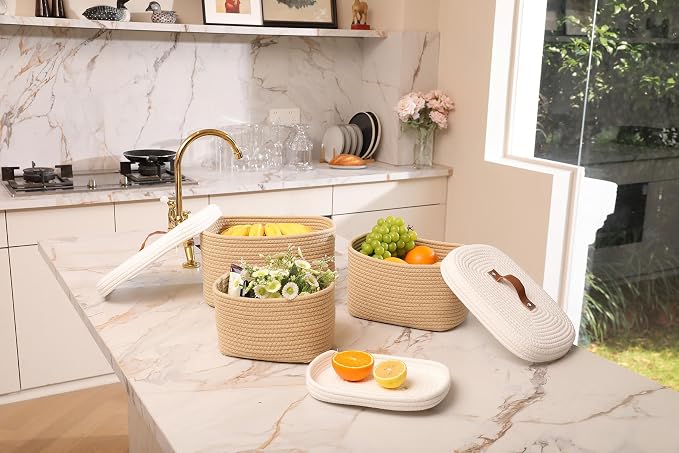 Set of 3 Nesting Woven Storage Baskets with Lids, Cotton Rope Decorative Basket Set for Shelf Closet Living Room Organizing, Rectangular Beige & White - Image 6