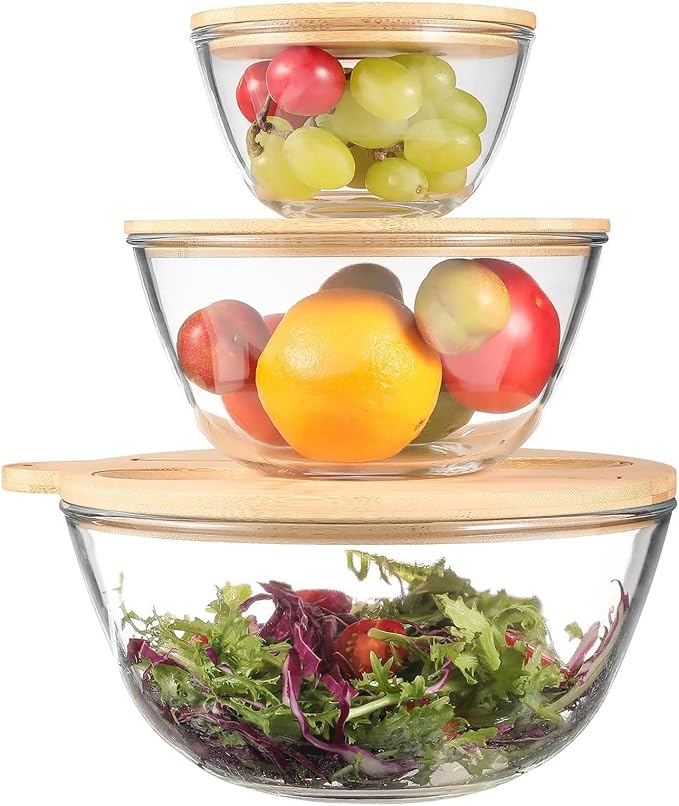 JOYMAY Glass Salad Bowls, Set of 3 Glass Bowls with Bamboo Lids Large Serving Bowl for Salad, Pasta, Desserts, W/Bamboo Utensils Salad Fruit Nesting Bowl for Cooking,Baking,Prepping,Serving & Storage by JOYMAY