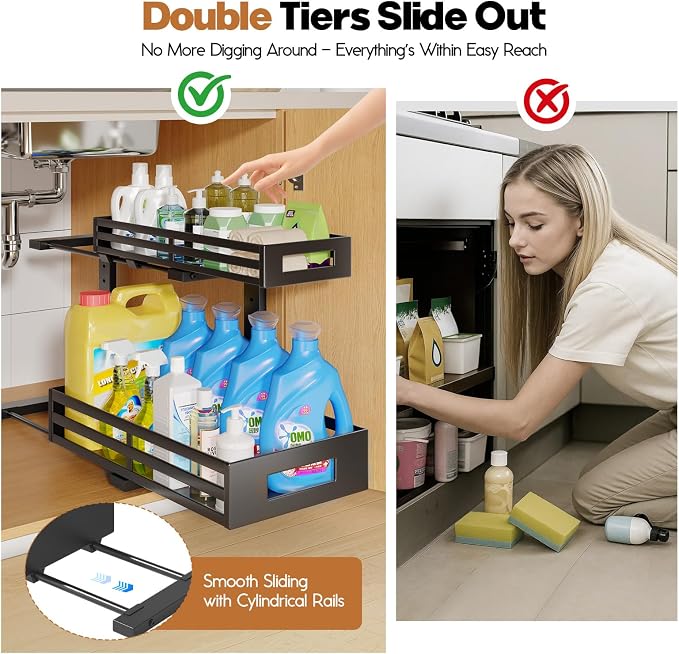 2-Pack 17"Deep Under Sink Organizer And Storage, 2-Tier L-Shaped Pull Out Cabinet Organizer with Upgraded Slide Rails, Height Adjustable Drawers for Kitchen&Bathroom, Extra-Large Storage Shelves–Black - Image 3