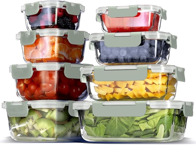 EATEX 16pc Glass Storage Containers with Lids, 8 Glass Food Storage Containers with 8 Airtight Lids for Pantry & Kitchen, Meal Prep Containers for Lunch, Oven Freezer Microwave & Dishwasher Safe by Eatex