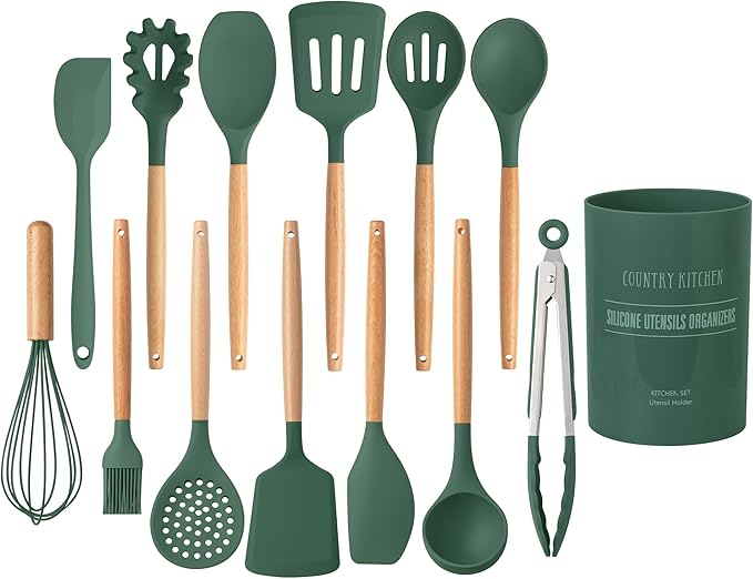 Country Kitchen Non Stick Silicone Utensil Set with Rounded Wood Handles for Cooking and Baking, 14 Piece Set, Green by CountryKitchen