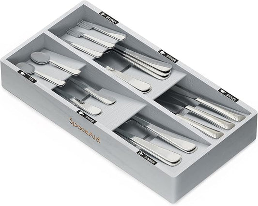 SpaceAid Bamboo Silverware Drawer Organizer with Labels, Kitchen Utensil Tray Holder Organizer for Flatware, Cutlery, Spoon and Knives Drawer Storage Organization (Gray, 6 Slots) by SpaceAid