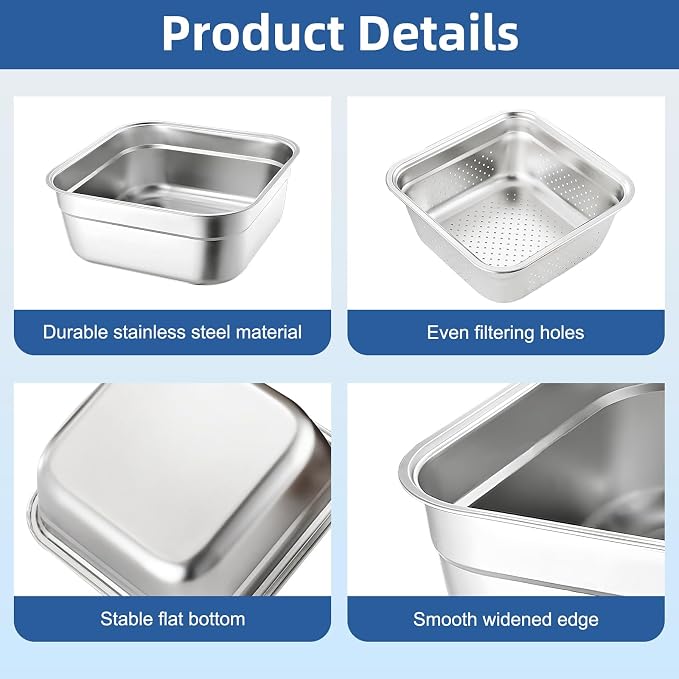 2-in-1 Stainless Steel Washing Up Bowl Set, 12.8" Sturdy Square Dish Tub with Colander, Fruit Vegetable Washing Basin for Sink, Food Grade Dishpan for Draining Rice, Pasta, Food Strainer Mixing Bowl - Image 3