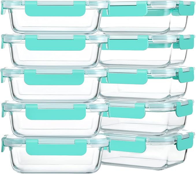 M MCIRCO 10 Pack,22 oz Glass Food Storage Containers with lids, Green | Glass Meal Prep Containers,Airtight Lunch Containers with Lids, Microwave, Oven, Freezer and Dishwasher Friendly, BPA Free by MMCIRCO