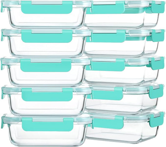 M MCIRCO 10 Pack,22 oz Glass Food Storage Containers with lids, Green | Glass Meal Prep Containers,Airtight Lunch Containers with Lids, Microwave, Oven, Freezer and Dishwasher Friendly, BPA Free by MMCIRCO