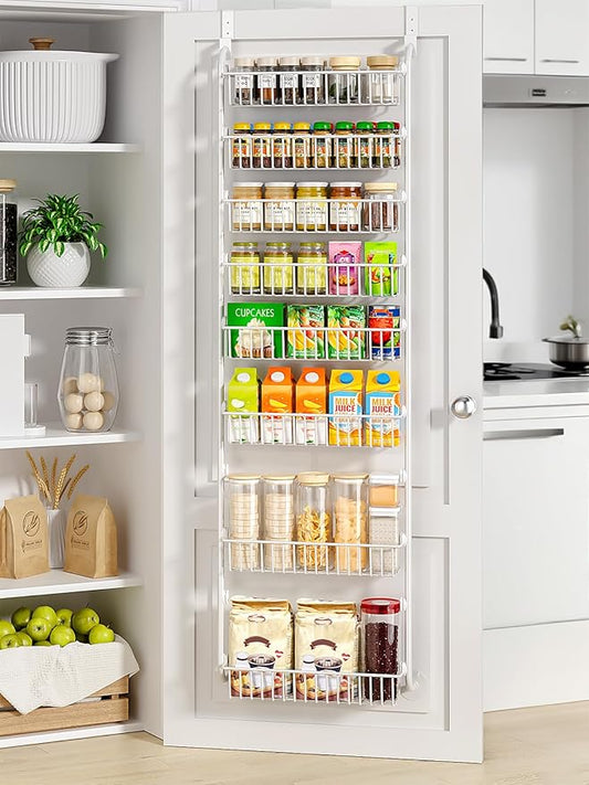 Delamu Over The Door Pantry Organizer, 8-Tier Pantry Door Organizers and Storage with Adjustable Basket, Metal Hanging Spice Rack, Seasoning Organizer, Door Organizer for Home Kitchen Bathroom, White by DELAMU