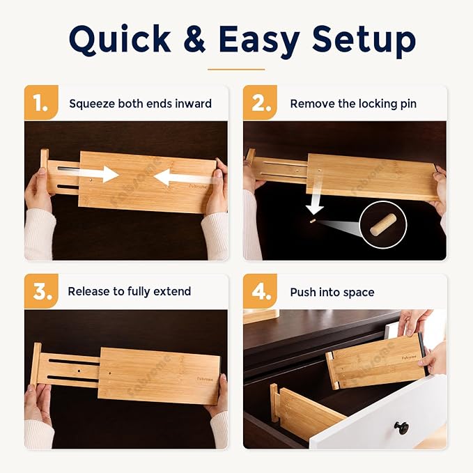 Fabsome Drawer Divider 6 Pack, Bamboo Kitchen Dividers Organizers Adjustable 17''-22'', Wooden Dresser Separators for Nursery Organization Clothes Socks Underwear Baby Clothing, with Soft Foam Ends - Image 7