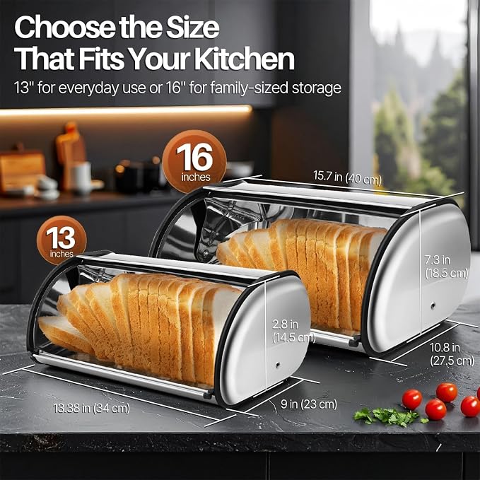 Flexzion Stainless Steel Bread Box for Kitchen Countertop, 13 Inch, Silver | Large Bread Storage Container with Roll-Top Lid, Front Window, Rear Vents, and Room for Bread, Bagels, Muffins, and Pastries - Image 7