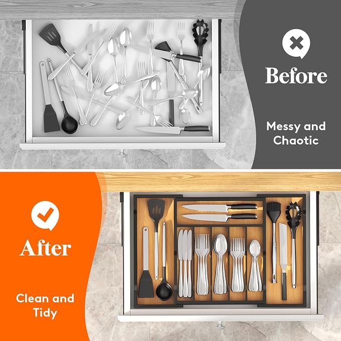 Lifewit Silverware Drawer Organizer, Wooden Utensil Tray for Kitchen | Expandable Flatware and Cutlery Holder, Adjustable Storage for Spoons Forks Knives, 13-22x15", Natural and Black - Image 9