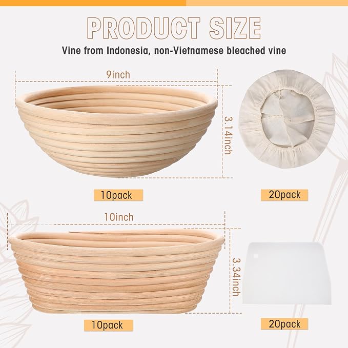Gejoy 20 Sets Bread Proofing Baskets Bulk Banneton Dough Proofing Bowls Kit with Cloth Liner and Plastic Scraper Sourdough Basket for Home Sourdough Bakers(Round, Oval,9'', 10'') - Image 2