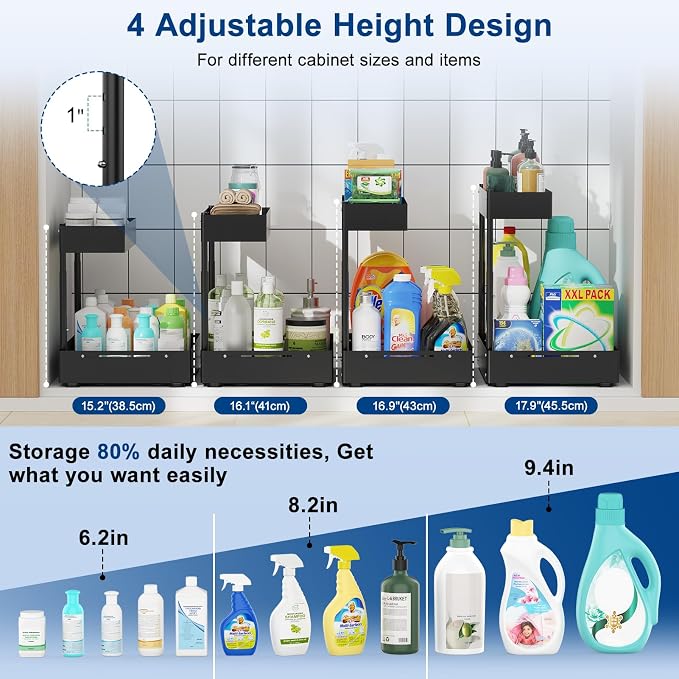 Insputer 2 Pack Under Sink Organizer, 2 Tier Under Cabinet Storage Expandable Width 9.8"-15" & Height Adjustable, Thickened Pull Out Shelf for Bathroom, Kitchen, Laundry, Pantry(Black) - Image 6