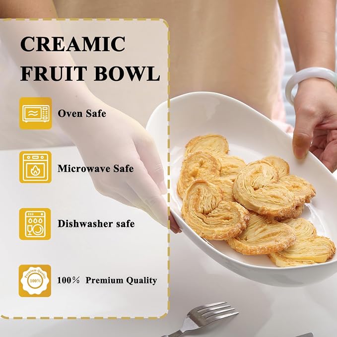 Large Size 2 Tier Ceramic Fruit Bowl,（13.4 and 11 inch Plate）More Storage Space, Golden Metal Stand for Kitchen Counter,Porcelain Fruit Basket for Countertop, Snack, Nuts, Cake, Dessert - White - Image 4