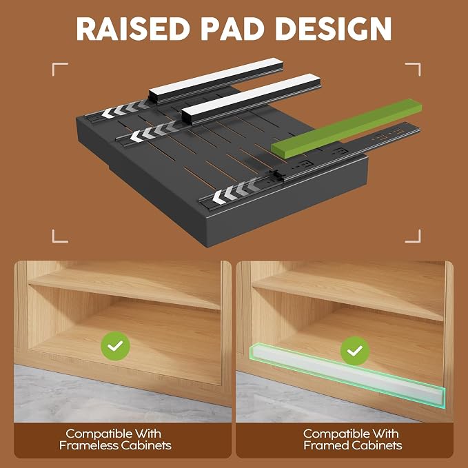 Seinloes 2 Pack Expandable Pull Out Cabinet Organizer 16.5"Deep With Raising Pad for Framed Cabinets,Upgrade 3 Slide Rails Slide Out Drawers,No Drill Roll Out Shelves,Adjustable Width 12.2"-20.4"Black - Image 2