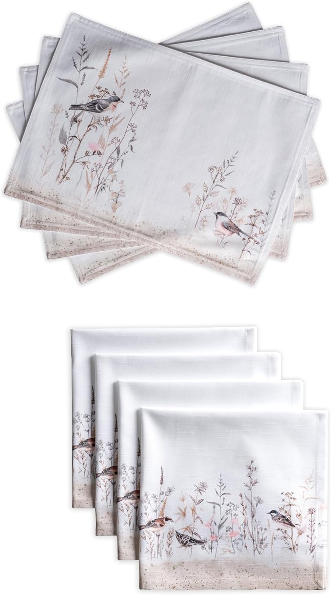 Maison d' Hermine Meadow Florals - Brown Bundle Set 100% Cotton Set of Napkins (20 Inch by 20 Inch) and Set of 4 Placemats (13 Inch by 19 Inch) by MaisondHermine