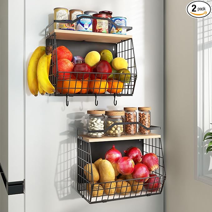 Wawocs Magnetic Shelf for Fridge with Wood Lid, 2 Tier Fruit Baskets Wall Mounted Hanging Basket with 4 Hanger Hooks, Potato and Onion Magnetic Storage Bins for Kitchen Counter, Refrigerator, Cabinet by Wawocs