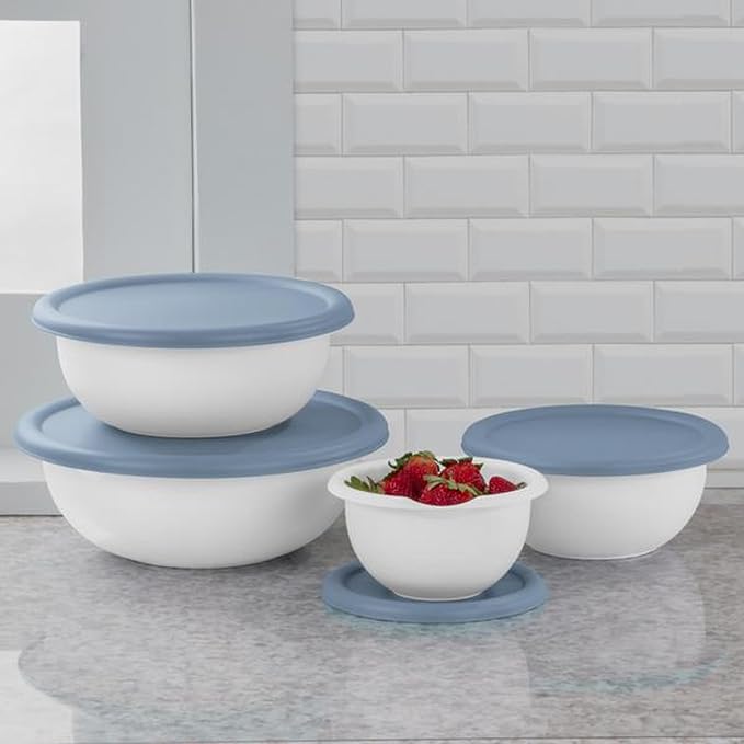 Sterilite Covered Bowl Set, Plastic Nesting Kitchen Mixing Bowls with Pour Spout, Meal Prep Food Storage Containers with Lids, Washed Blue (Set of 12) - Image 3
