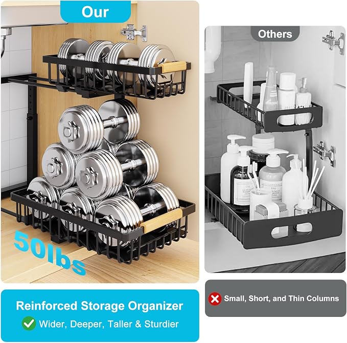Under Sink Organizer 2 Pack, Adjustable Height 2-Tier Pull Out Cabinet Organizers, Heavy Duty Metal Slide Out Drawers, Under the Sink Organization and Storage Shelf for Kitchen Bathroom Pantry, Black - Image 7