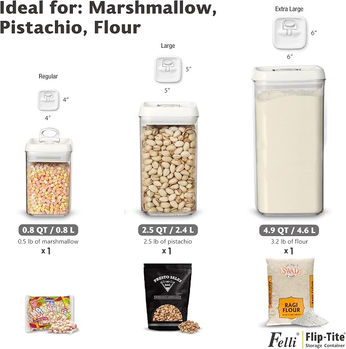 Felli Flip Tite Acrylic Food Storage Container with Lid 6” XL Air Tight Ring Seal Flip Lock, Plastic Kitchen Baking Canister for 5 lb Flour Sugar Rice Protein Powder Pantry Organizer (Nest-L White) - Image 8