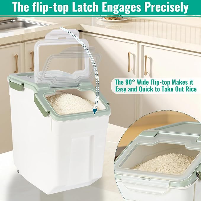 2 Pack Rice Container 25 lbs Large Bulk Flour Sugar Storage Holdhouse Plastic Grain Cereal Dry Goods Bin with Spoon and Measuring Cup for Kitchen Pantry Organization - Green - Image 4