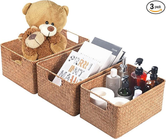 YANGQIHOME Wicker Baskets, [Set of 3] Woven Baskets for Storage, Seagrass Storage Baskets for Organizing with Built-in Handles, Open Storage Bins, Multisize, Natural by YANGQIHOME
