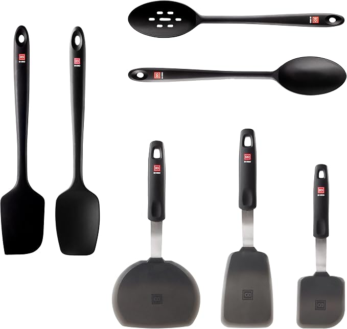 DI ORO 7-Piece Silicone Kitchen Utensil Set - 600°F Heat-Resistant Nonstick Flexible Silicone Turner & Seamless Spatulas & Spoons - Nonstick Cookware Safe Tools for Baking & Cooking - BPA Free (Black) by DIORO