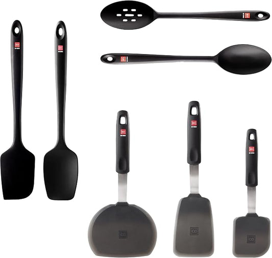 DI ORO 7-Piece Silicone Kitchen Utensil Set - 600°F Heat-Resistant Nonstick Flexible Silicone Turner & Seamless Spatulas & Spoons - Nonstick Cookware Safe Tools for Baking & Cooking - BPA Free (Black) by DIORO