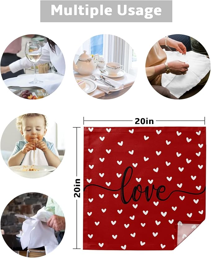 Kitchen Cloth Napkins 6 Pack Reusable Dinner Napkins Valentine's Day White Love Heart Red Texture Polyester Soft Smooth Fabric Table Napkin for Wedding Banquet Party Decoration (20x20 Inches) - Image 5