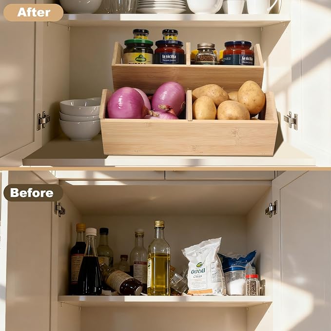 2 Set Pantry Organizers and Storage Bins, Bamboo Stackable Baskets for Potatoes, Onion, Bread, Vegetables - Bamboo Pantry Organizer Containers for Drawer, Cabinet, Countertop - Image 5