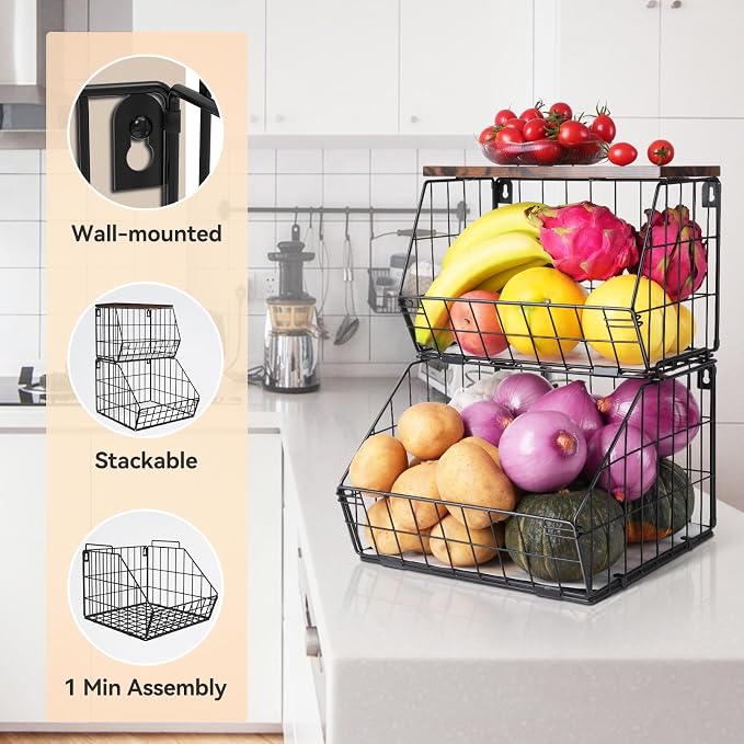 Wawocs 2 Tier Stackable Wall Mounted Hanging Basket, Fruit Basket for Kitchen Counter, Storage Bin with Wood Lid, Onion Storage, Fruit and Vegetable Storage, Countertop Organizer - Image 3