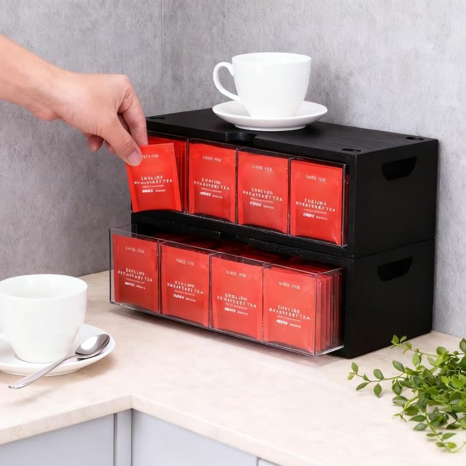 Bamboo Stackable Tea Bag Organizer - 2-Piece Large Capacity Box Set | 2-piece stackable tea box set with large capacity. Eco-friendly bamboo organizers to neatly store tea bags and sugar packets - Image 4