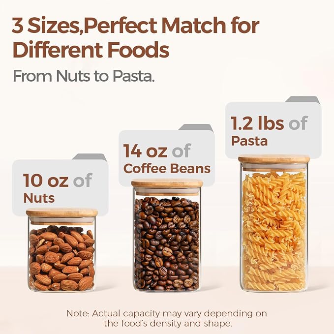 ComSaf Glass Pantry Storage Containers (0.7Qt/1.2Qt/1.6Qt) Set of 6, Square | Glass Storage Containers with Lids, Kitchen Canisters, Pantry Jar, Bamboo Lid with Silicone Seal, Flour Cereal Tea, BPA Free - Image 3