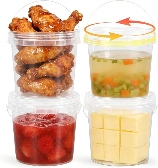 4 Pack 64oz Food Grade Plastic Buckets with Screw Lids & Handle, Reusable Storage Containers for Snacks, Salad, Sauce - Clear Freezer Safe Bucket Set by UMETASS