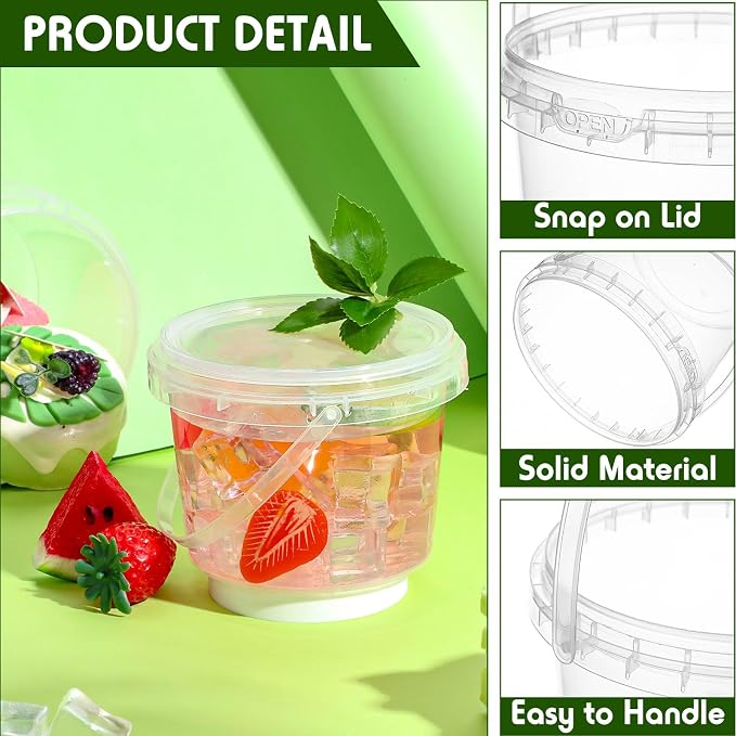 50 Pcs Food Clear Bucket Plastic Gallon Bucket Round Reusable Ice Cream Containers with Lids and Handles Airtight Clear Plastic Tub Freezer Reusable Pail for Popcorn Kitchen Drinks Home(16oz) - Image 3