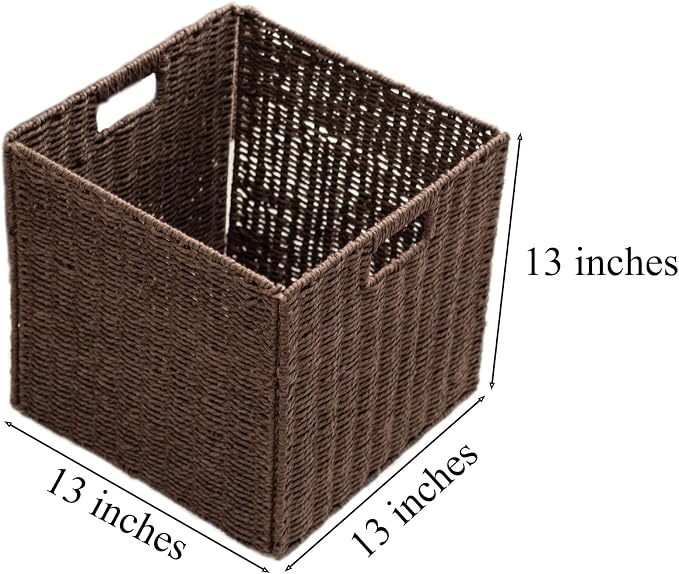 Handwoven Paper Woven Cube Basket Organizer with Handles set of 4 Foldable Storage baskets for Bedroom Living Room Cubby Storage Units for Clothes Books Toys (Brown, 13" L x 13" W x 13" H) - Image 2
