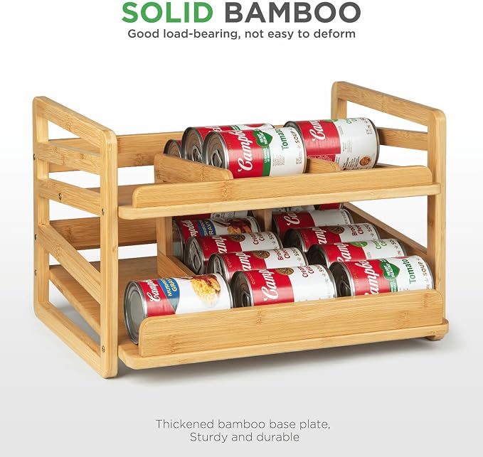 2 Tier Bamboo Rolling Can Rack Organizer for Pantry Up To 27 Cans | Stackable Canned Food Organizer Rack for Storage, Kitchen Cabinet, Can Holders Dispensers for Pantry - Image 3