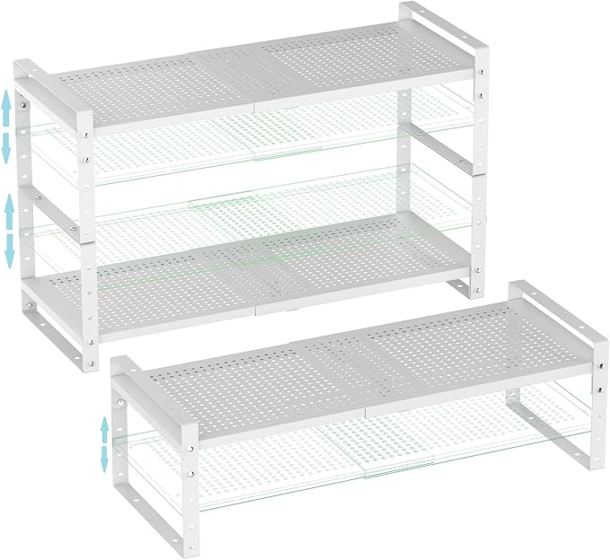 Expandable Shoe Rack Stackable Metal Pantry Storage Shelves Stand Adjustable Height Cabinet Shelf Organizer Racks Spice Shelving(3PACKS/WHITE,LARGE) by Goodqualityproducts