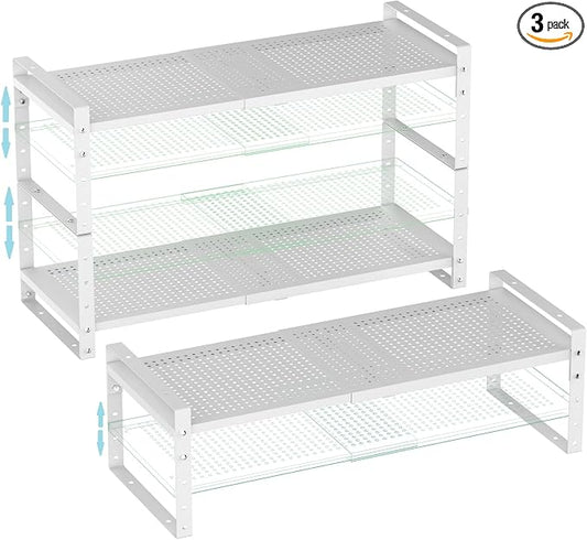 Expandable Shoe Rack Stackable Metal Pantry Storage Shelves Stand Adjustable Height Cabinet Shelf Organizer Racks Spice Shelving(3PACKS/WHITE,MEDIUM) by Goodqualityproducts