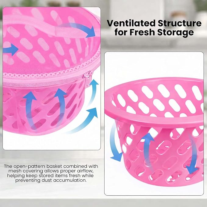 Go Hooked Plastic Storage Net Basket with Zip Closure – Multipurpose Mesh Organizer for Fruits, Vegetables, Essentials – Durable, Lightweight & Breathable Design for Home & Pantry Use (Pink) - Image 2