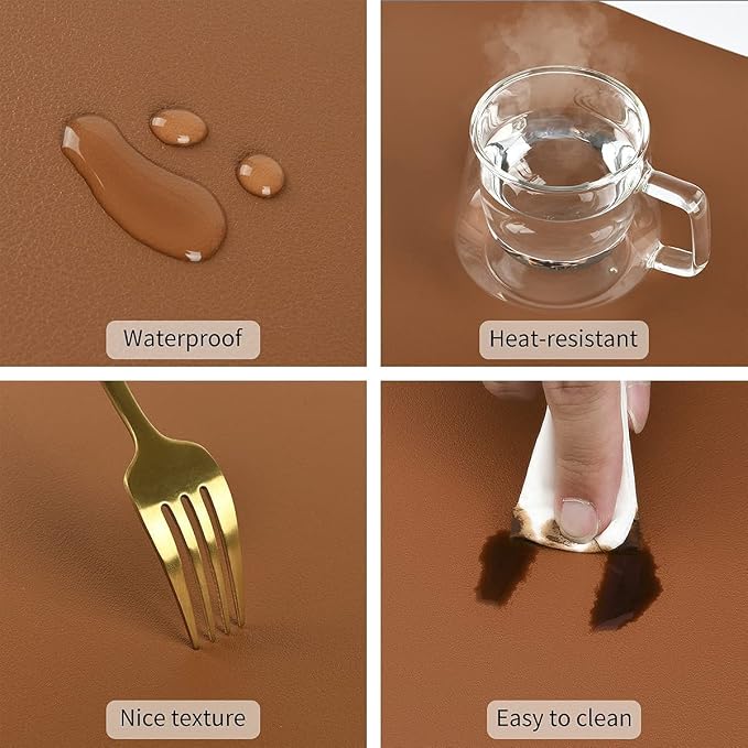 Faux Leather Placemats Set of 4, Wipeable & Washable Table Mats | Waterproof, Heat-Resistant & Easy to Clean Round Place Mats for Dining & Kitchen, 17''x13'', Brown - Image 7