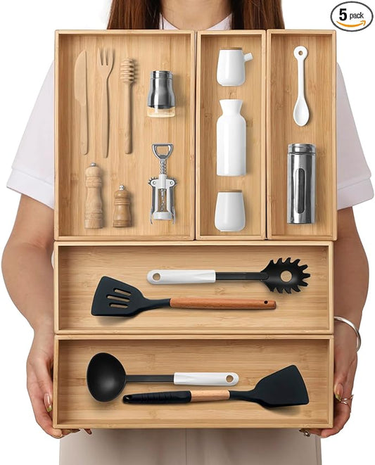 BAMOTTO CRAFTBAMBOO Stackable Bamboo Drawer Organizer Set of 5 for Kitchen | Utensil Cutlery Tray | Flatware & Silverware Organizer | Office & Bathroom | 13.4"×4.5"(×2) / 10.2"×3.3"(×2) / 10.2"×6.7" by BAMOTTOCRAFTBAMBOO