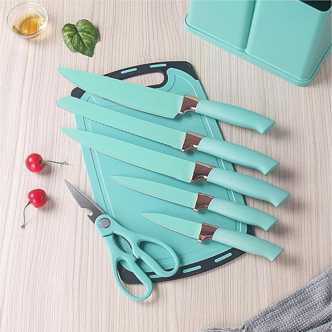 19 Pieces Kitchen Utensils and Knife Set with Block, Inldued 9 Pieces Silicone Cooking Utensils Set 5 Pieces Sharp Stainless Steel Chef Knives Scissors Whisk Tongs and Cutting Board (TEAL) - Image 4