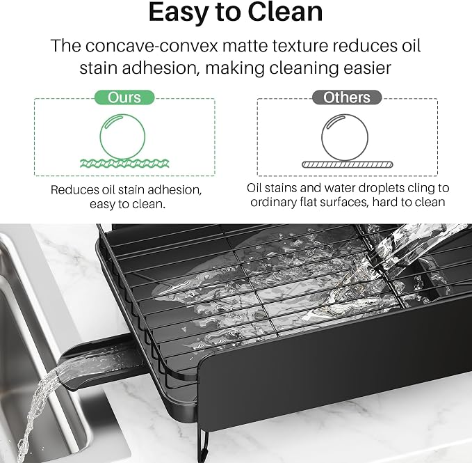 SNTD Large Dish Drying Rack for Kitchen Counter, Expandable, Black | Stainless Steel Dish Drainer, Adjustable Length 18.9''-29.3'', Automatic Drainage, 360° Spout, Cutlery Holder with Knife Slot - Image 7