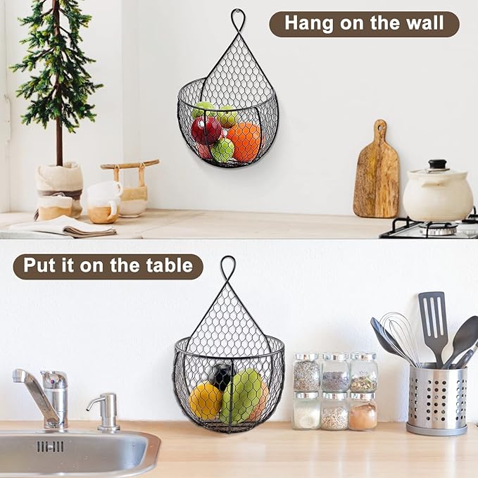 ERYTLLY Metal Fruit And Vegetable Storage Hanging Basket Wall Mounted, Hanging Basket For Kitchen Black Wire Baskets for Flowers, Fruits and Veggies - Set of 3 - Image 5