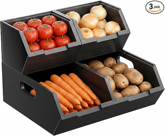 Bamboo Pantry Storage Bins Set, Potato and Onion Storage Bin for Countertop | Open Front Storage Bins, Large Capacity, Stackable Design, Cut-out Handles, FSC-certified Bamboo, No Assembly, Black by BAMBITION