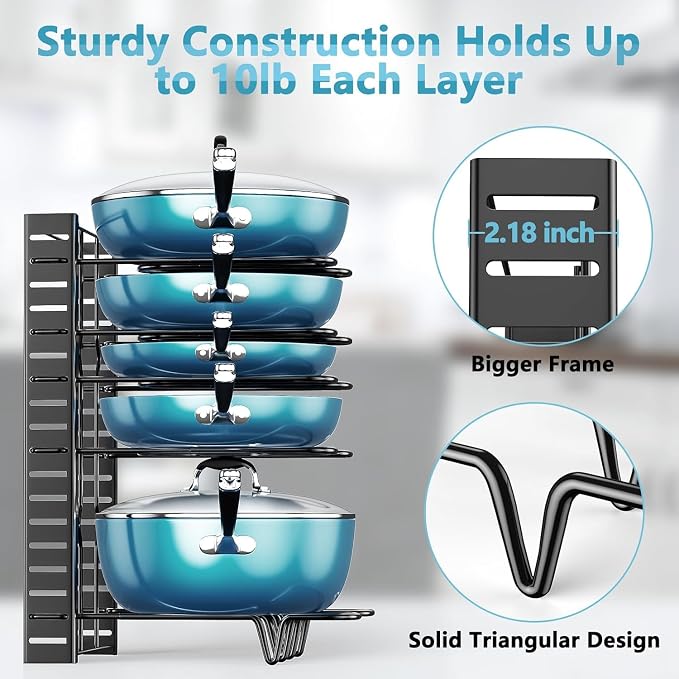 Pots and Pans Organizer Under Cabinet 16.6" 8-Tier Adjustable 2-Pack | 3 DIY Modes, Tool-Free Assembly, Non-Slip, Fits Lightweight Pots Up to 11", For Kitchen Cabinets, Shelves & Countertops - Image 7
